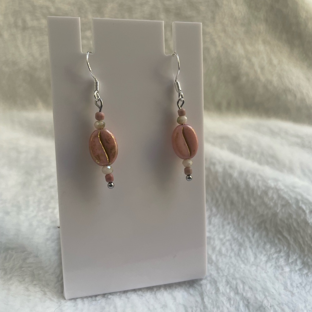 Pink and Cream coffee bean earrings 925 silver hooks